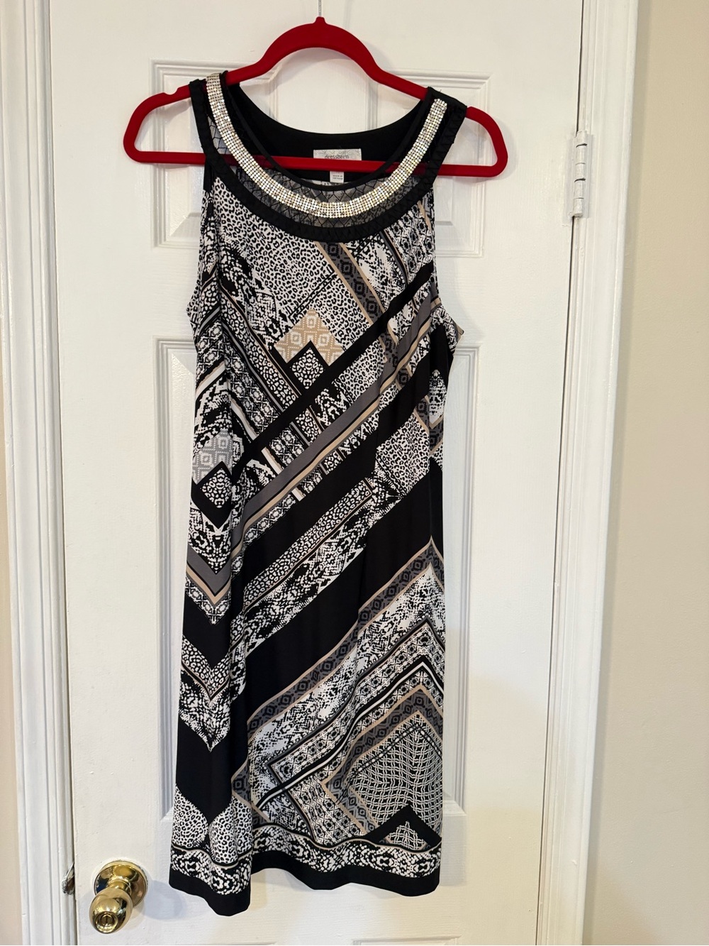 Dress Barn Black, White & Taupe Sleeveless Beaded-Neck Mini Dress